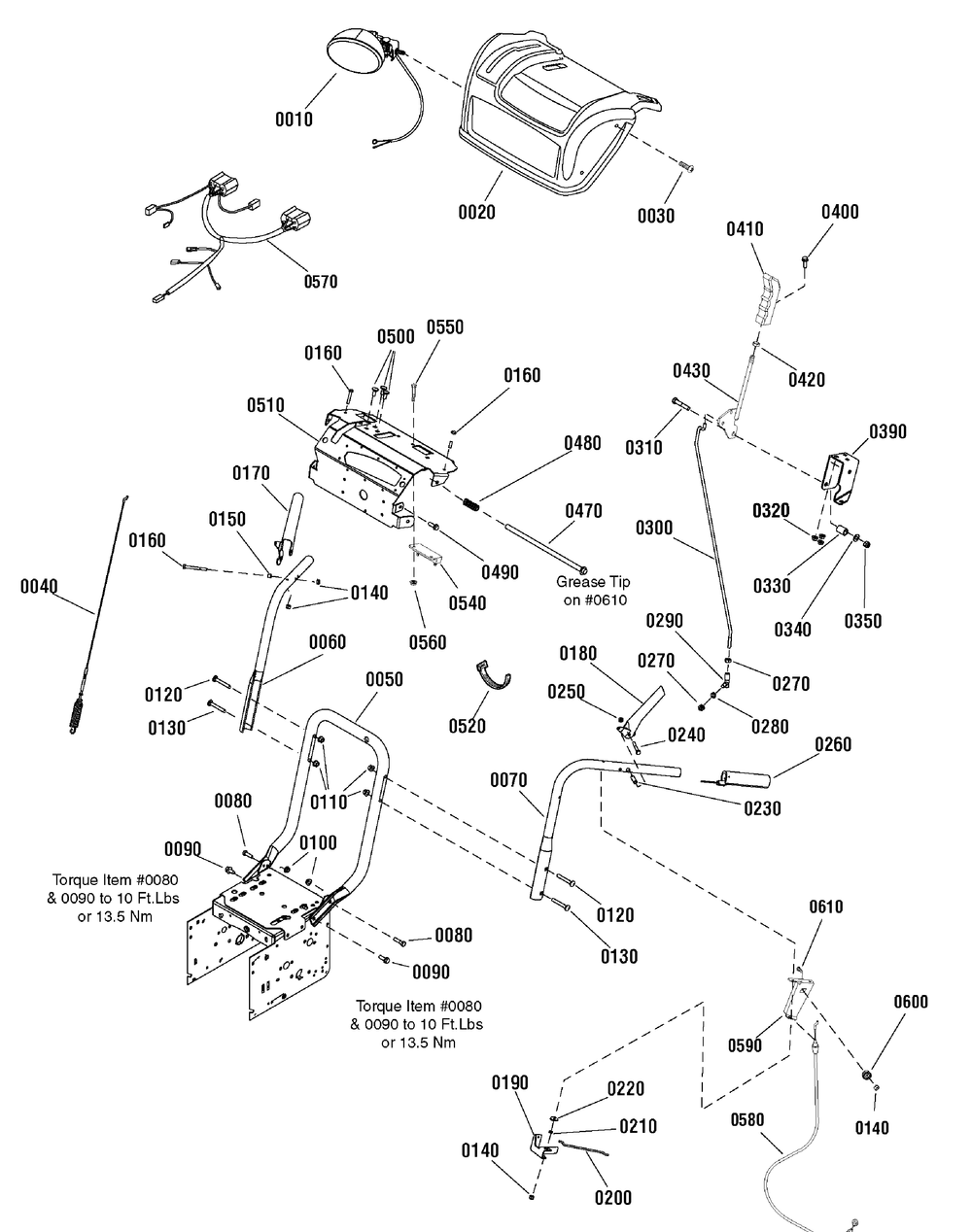 Handles And Controls Group Diagram and Parts List for 1695753-18-2852-30,1381HST 2009 Briggs and Stratton Snow Blower